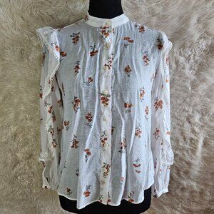 Ann Taylor Floral Linen Long Sleeve High-neck Ruffle Ivory Blouse Size XS